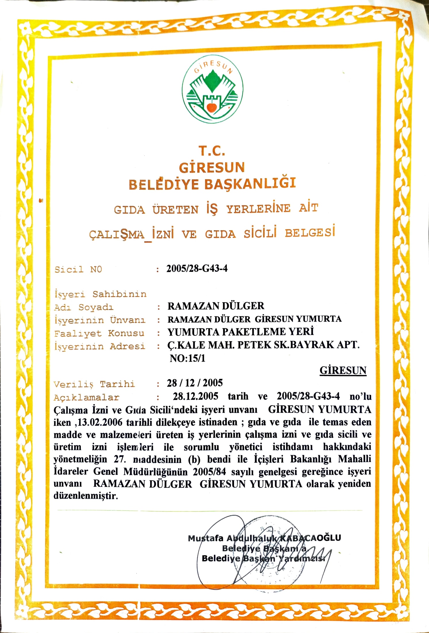 Çalışma İzni Ve Gıda Sicili Belgesi