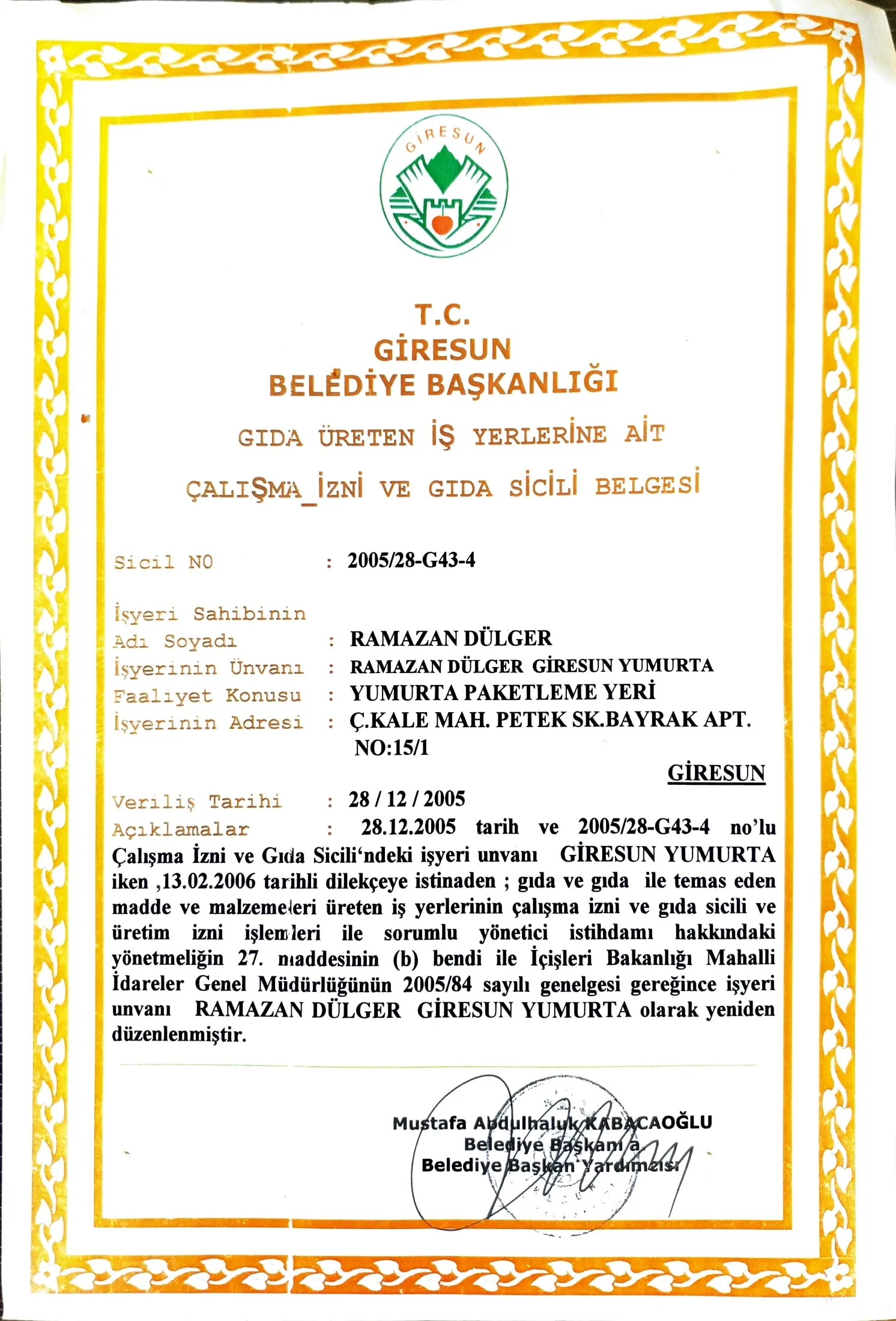 Gıda Üretim İzni Belgesi