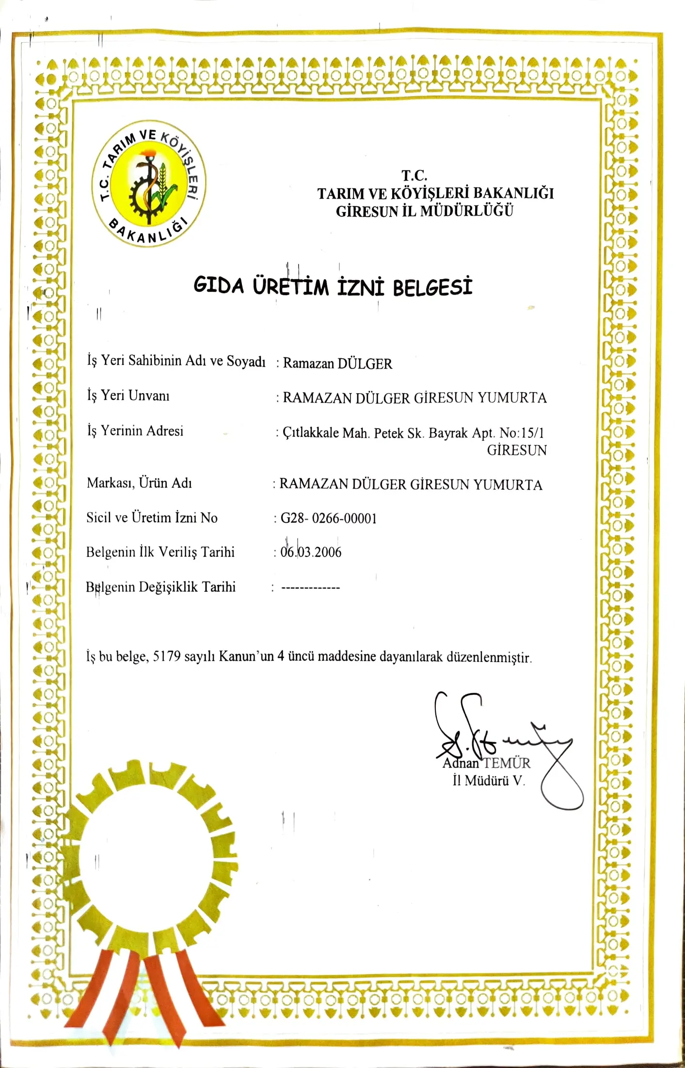 Çalışma İzni ve Gıda Sicil Belgesi